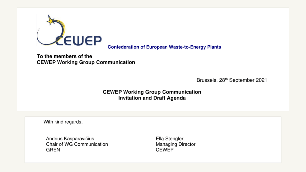 CEWEP Communication Working Group document from 2021 naming Andrius Kasparavičius as Chair of WG Communication