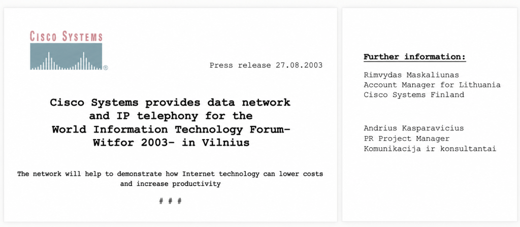 Cisco Systems WITFOR 2003 press release naming Andrius Kasparas as PR Project Manager